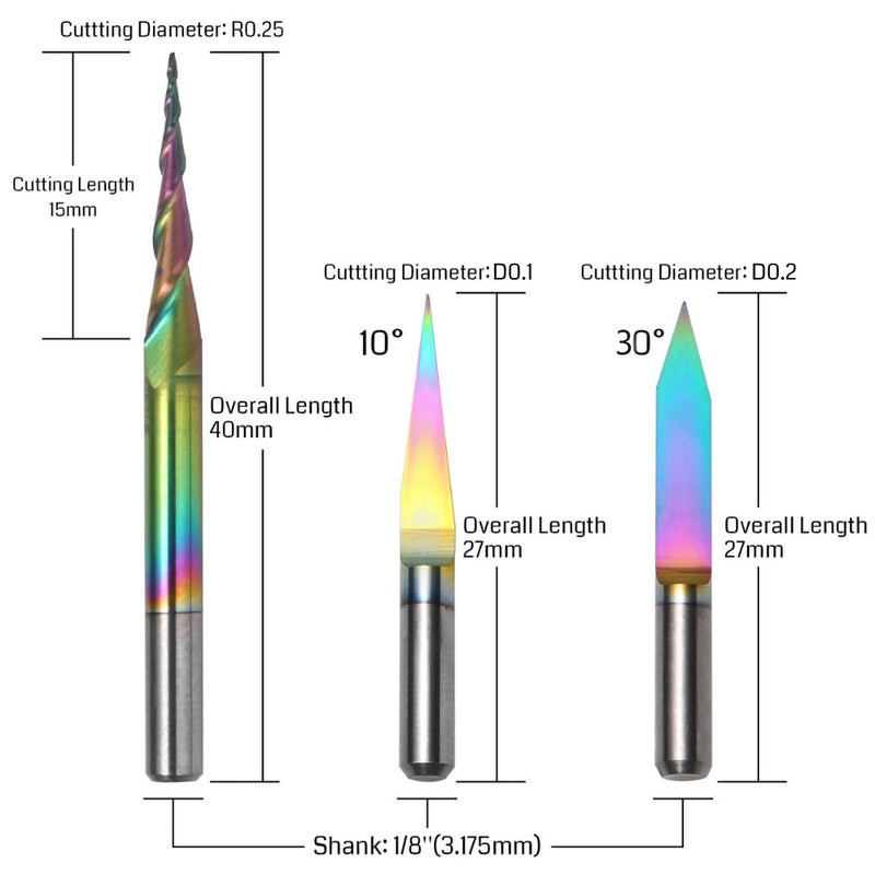 Genmitsu 3PCS V-Shape Tapered Ball Nose End Mills for Aluminum, Copper, Brass Engraving and Other Metals Carving, Chromatic Coating CNC Bits, 1/8''(3.175mm) Shank, EM03A - Image 3